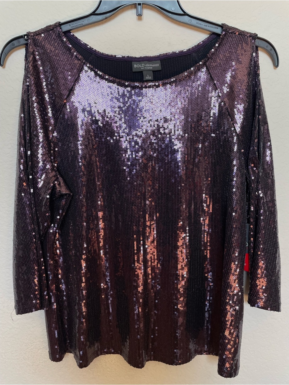 NEW WITH TAGS BOLD elements Women's Iridescent Purple Sequin Long Sleeve Top L